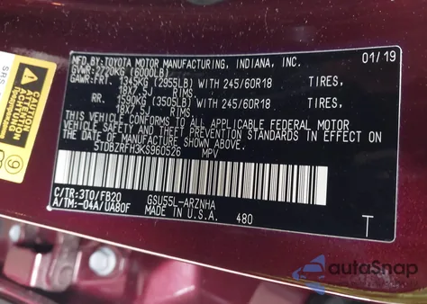 2019 Toyota Highlander Le z USA, uszkodzony, nr VIN 5TDBZRFH3KS960526